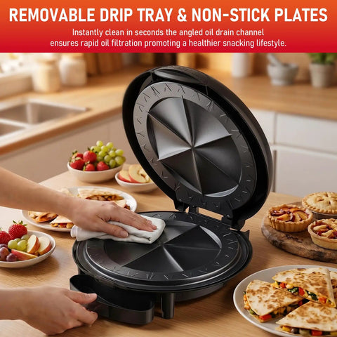 Super Cool 11 Inch Electric Quesadilla Maker With Extra Stuffing Latch Non Stick Plates; cleaning non-stick plates in kitchen.