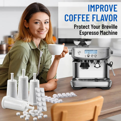 Game Changer 4 Pack Water Filter Refills With 30 Descaling Tablets Compatible With Breville Barista Pro Oracle Touch, espresso machine and cleaning tablets.
