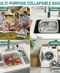 Collapsible Baby Bottle Wash Basin With Built In Drying Rack shown as picnic basket, dish washing, fruit washing, and laundry basket