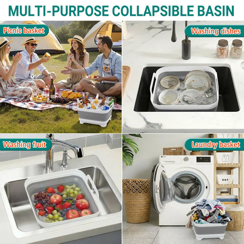 Collapsible Baby Bottle Wash Basin With Built In Drying Rack shown as picnic basket, dish washing, fruit washing, and laundry basket
