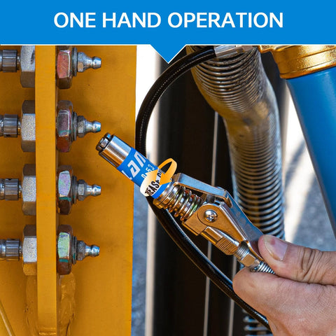 Locking grease gun coupler attached to a grease nozzle on yellow industrial equipment with bolts; metal chrome finish.