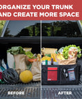 Before and after comparison of a trunk using XL Beefed Up Trunk Organizer For SUV and Truck With Six Adjustable Compartments.