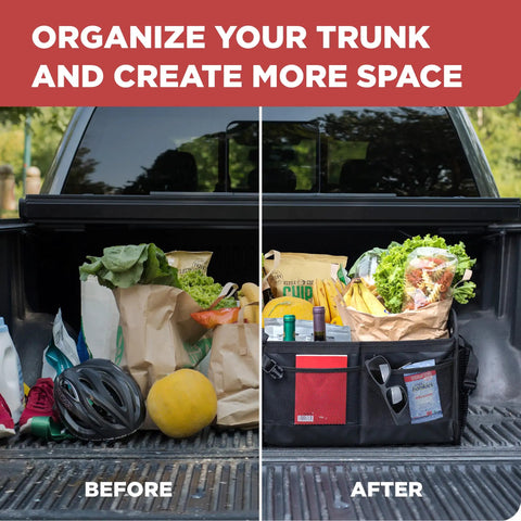 Before and after comparison of a trunk using XL Beefed Up Trunk Organizer For SUV and Truck With Six Adjustable Compartments.