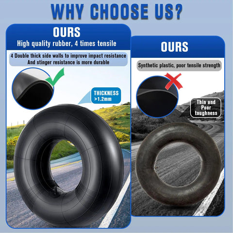 Comparison of 20x8-8 and 20x10-8 Inner Tubes for Mowers; high-quality rubber vs. synthetic plastic with thickness details.