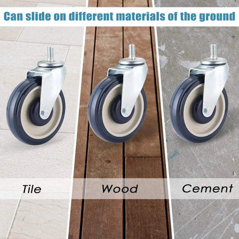 4 Pack 5 Inch Stem Caster Shopping Cart Wheels Replacement Kit With Axles And Bolts Polyurethane, shown on tile, wood, cement