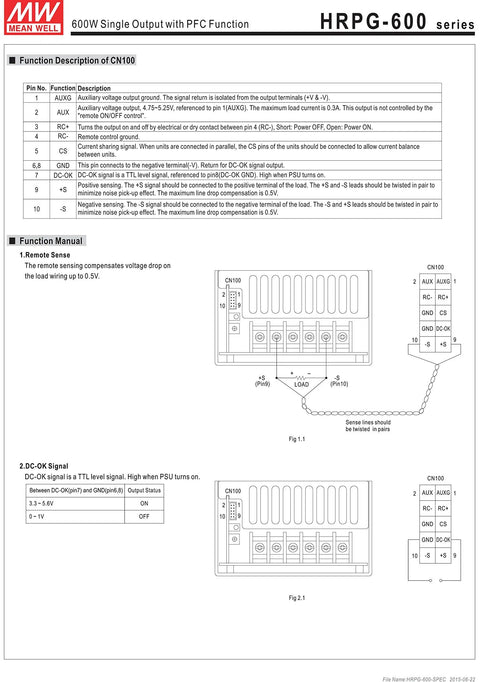 HRPG-600-24 Enclosed Power Supply, 648W, 24V Single Output, Built In Active PFC, Remote Sense, Constant Current Limit, Burn In Tested, 5 Year Warranty manual page showing CN100 wiring