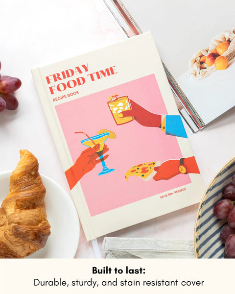 Blank Recipe Book To Write Your Own Recipes For Family Keepsakes Durable Hardcover Cookbook Journal on kitchen table with food
