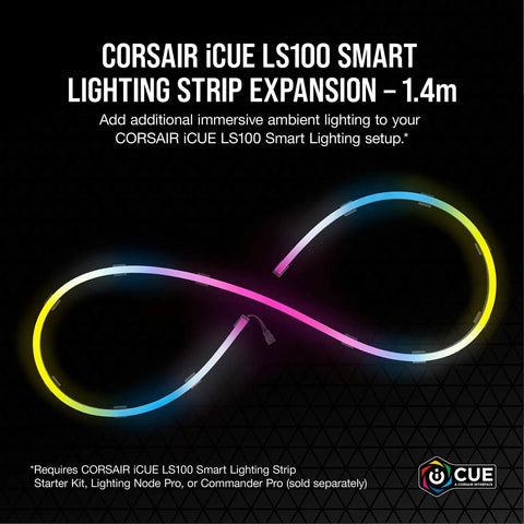 iCUE LS100 1.4M Smart Lighting Strip Expansion Kit with 84 Addressable LEDs displayed in colorful infinity loop shape
