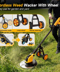 4-In-1 Cordless Weed Wacker With Wheel No Cords Needed 12-Inch Cutting 20000 RPM Brushless Electric Weed Eater in use