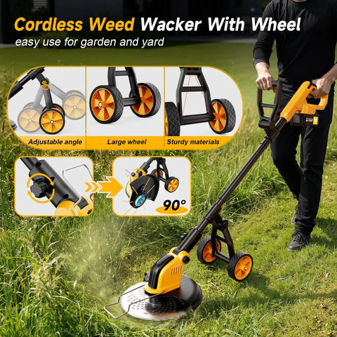 4-In-1 Cordless Weed Wacker With Wheel No Cords Needed 12-Inch Cutting 20000 RPM Brushless Electric Weed Eater in use