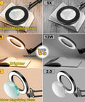 All In One Magnifying Glass With Light Desk Lamp 8X Magnification showing 8X, 5X lenses, brightness levels, and arm clamp on books.