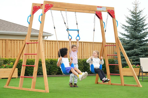 Kids playing on backyard playground swing set with monkey bar and belt swings for kids, outdoor playset with trapeze bar.