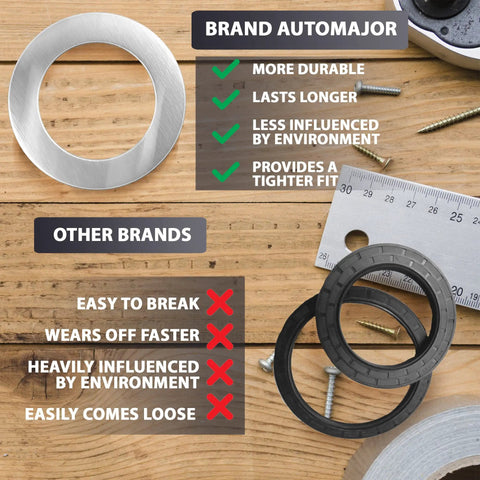 Brand Automajor washer vs other brands on wood table; part of 12 Piece Drain Plug Washer Set For Oil Change And Transmission Service M18 M20 OEM 94109 20000 And 90471 PX4 000 For Honda Acura Full Fluid Service All In One Kit For Quick Oil Changes And Routine Maintenance.
