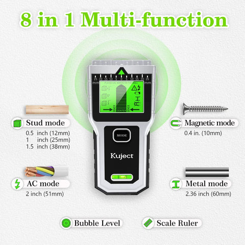 8 In 1 Wall Scanner And Stud Finder With Magnetic Detector LCD Display showcasing modes and features