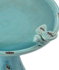 Close-up of 25 Inch Tall Outdoor Ceramic Antique Pedestal Birdbath With Turquoise Finish And Two Playful Bird Figurines For Garden Yard Patio Deck Decor