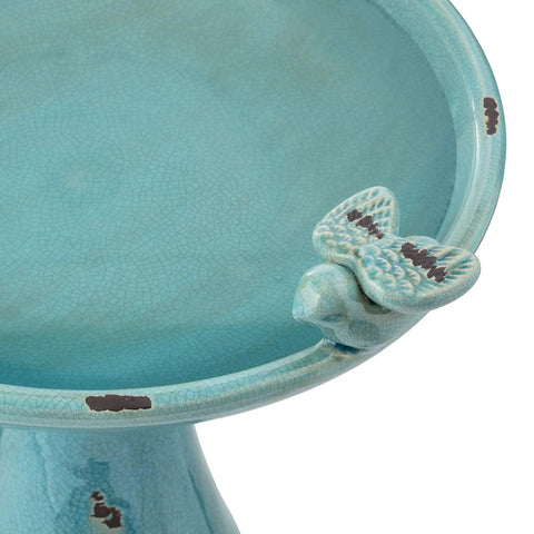 Close-up of 25 Inch Tall Outdoor Ceramic Antique Pedestal Birdbath With Turquoise Finish And Two Playful Bird Figurines For Garden Yard Patio Deck Decor
