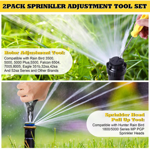 2 Pack adjustment tool set showing use on Rain Bird 1800/5000 series with screwdriver and pull-up tool in a lawn setting.