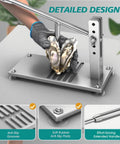 Oyster Shucker Machine Opener Set For Fast Safe Shell Opening Pro Grade Aluminum Base With 6 Groove Stabilizers in use.