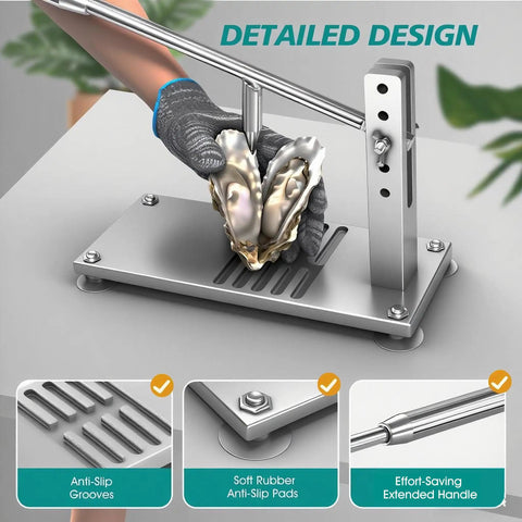 Oyster Shucker Machine Opener Set For Fast Safe Shell Opening Pro Grade Aluminum Base With 6 Groove Stabilizers in use.