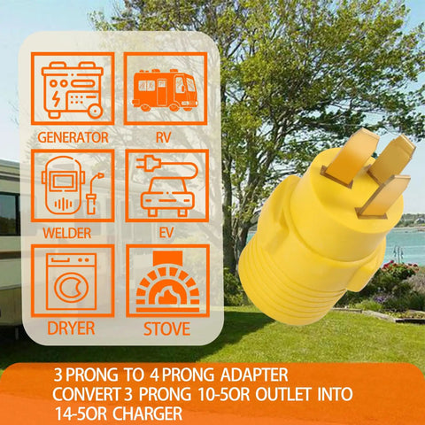No Fuss Plug And Play Nema 10-50P To 14-50R Adapter Connector for RV EV Charger, bright yellow 3 pin male plug.