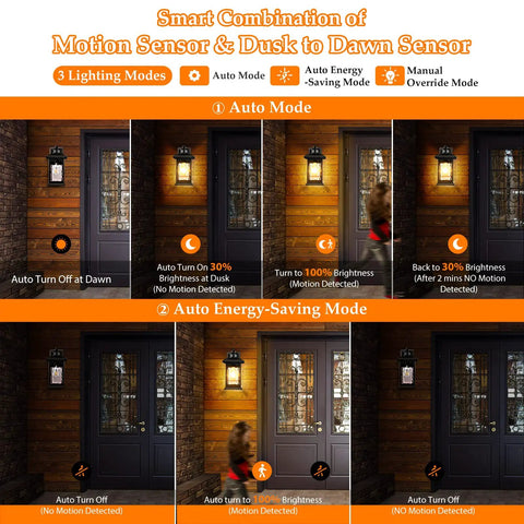 Two Pack Motion Sensor Outdoor Lights With Dusk To Dawn, Auto Modes, Retro Black Waterproof Lantern Wall Mount for Porch