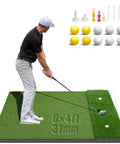 Man practicing on Extra Large 6x4ft Golf Mat For Indoor And Outdoor Practice 31mm Pile High Density Artificial Turf with accessories visible