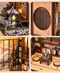 Collage of DIY Book Nook Kit Japanese Machiya with LED Light, 3D Wooden Puzzle details, showing intricate Japanese decor elements.
