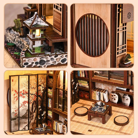 Collage of DIY Book Nook Kit Japanese Machiya with LED Light, 3D Wooden Puzzle details, showing intricate Japanese decor elements.
