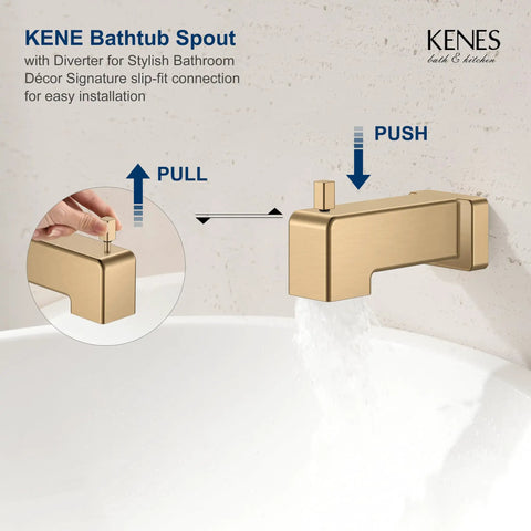 KENES Champagne Bronze Shower Set with Tub Faucet, Square Tub Shower Trim showing bathtub spout with diverter detail.
