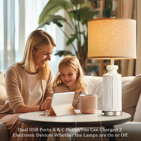 White Ceramic Table Lamps Set Of 2 With USB Charging Ports For A Cozy Modern Nightstand Vibe 28 Inch Tall Linen Drum Shade