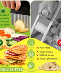 JAYVAR Crinkle Cutter, stainless steel potato/vegetable slicer; front view with hand using cutter.