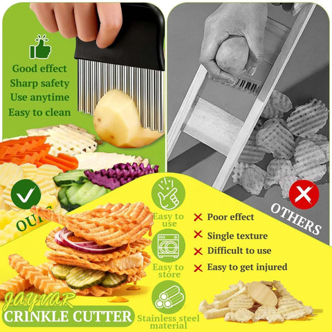 JAYVAR Crinkle Cutter, stainless steel potato/vegetable slicer; front view with hand using cutter.