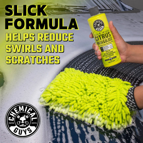 Ultimate Car Wash Bucket Kit with Dirt Trap Insert, microfiber mitt, and soap being used on a foamy car surface.