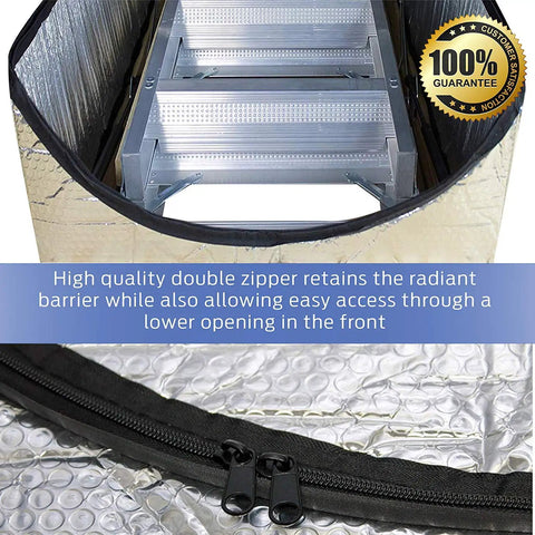 Energy Saving Attic Door Insulation Cover For Stairway Opening 25 By 54 By 11 Inches With Easy Access Zipper Aluminum Insulated Attic Tent Quick Install Keeps Drafts Out And Heat In, close-up of zipper and insulation material