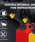 Close-up of Blitz Yellow Gas Can Spout Cap Top Hat Style Universal Fit Self Venting Replacement Cap 10 Pack for Spouts. Two spouts installed on red and yellow gas cans.