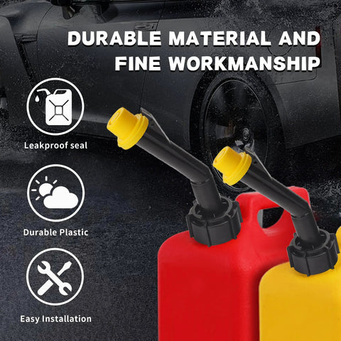 Close-up of Blitz Yellow Gas Can Spout Cap Top Hat Style Universal Fit Self Venting Replacement Cap 10 Pack for Spouts. Two spouts installed on red and yellow gas cans.
