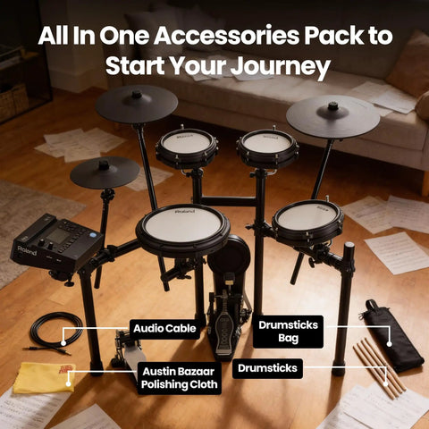 TD313 V-Drums Electronic Drum Kit Bundle with Audio Cable, Drumsticks, Drumstick Bag, Polishing Cloth in home setting
