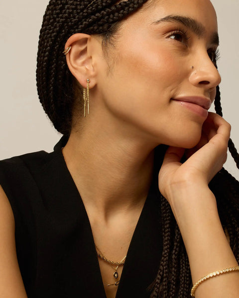 Ball Drop Earrings In Sterling Silver Posts With Yellow Gold Tone Chains, 19.5mm Dangle, 23mm Back Chain And 20mm Front Chain, Everyday Dope Chic Jewelry For Casual Wear Or Dressy Nights.