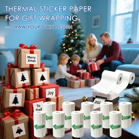 10 Rolls Mini Thermal Printer Paper 57x25mm Self Adhesive Triple Proof BPA Free Waterproof Coated Refill shown with gift labels