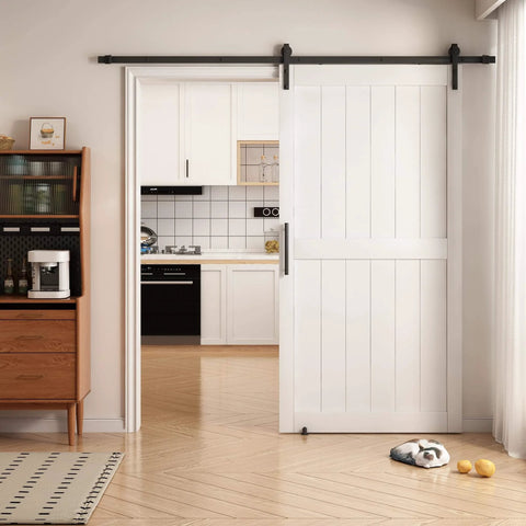 White Sliding Barn Door With 8 Foot Hardware Kit For Easy Assembly No Fuss Setup 48 By 84 Inches waterproof PVC surface installed