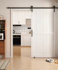 White 30X84 Inches Sliding Barn Door Smooth Rail System Floor Guide H-Frame Hardware Kit Waterproof PVC Surface in living space.