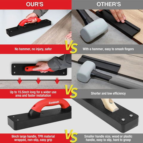 Comparison of Heavy Duty Hammer-Free Tapping Block for Vinyl Plank Flooring with competitor using a hammer