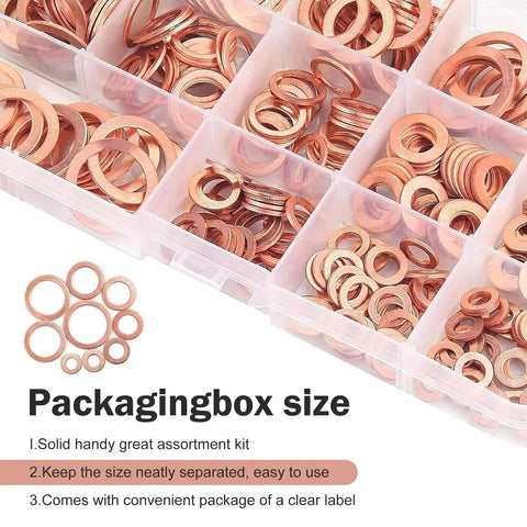 200 Piece Copper Crush Washers Set for Cars and Motorcycles, 9 Metric Sizes, flat gasket kit in plastic organizer