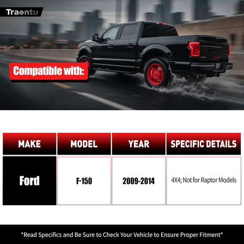 Ford F-150 driving on wet road, compatible with 2009-2014 models, excluding Raptor, for 4x4 suspension kit upgrade.