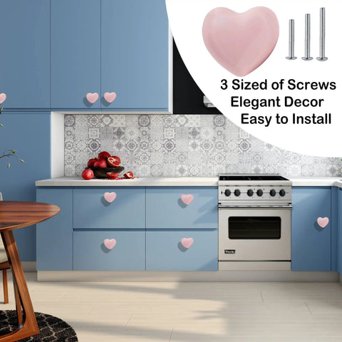 Heart Shaped Ceramic Drawer Knobs Set Of 6 With 3 Sized Screws For Cabinets, Dressers, Closets And Wardrobes Powder Pink Durable Glazed Ceramic Furniture Pulls Handles For Home Makeover And Easy Install Boss Vibe on blue kitchen cabinets