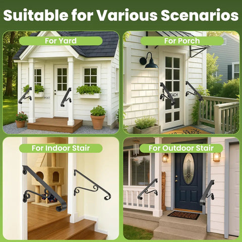 Wall Mounted Stair Handrail For 1 To 2 Steps, Durable Wrought Iron Grab Rail In Black, Single Post Outdoor Porch Railing displayed in various settings