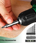 Smooth As Hell 8V Cordless Drill Set With One Hand Keyless Chuck And 42 Piece Accessory Kit Built In Bright Led Work Light Type C Fast Charge Cable showing drill bit and accessories in use.