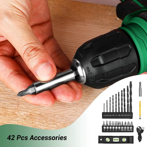 Smooth As Hell 8V Cordless Drill Set With One Hand Keyless Chuck And 42 Piece Accessory Kit Built In Bright Led Work Light Type C Fast Charge Cable showing drill bit and accessories in use.