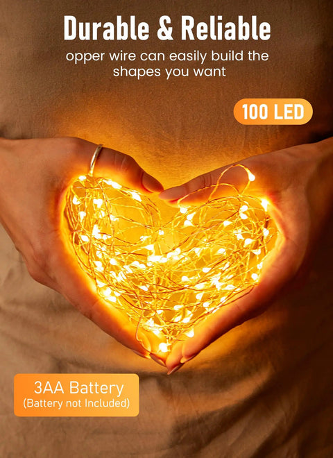 Fairy String Lights 33 Ft Long Battery Operated 100 LED Copper Wire Twinkle Lights heart shape glowing in hands