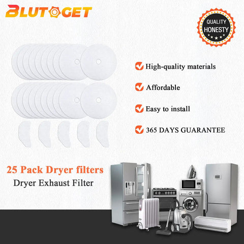 25 Pack Cloth Dryer Exhaust Filters Set With 20 Exhaust Paper Filters And 5 Air Intake Filters shown with appliances